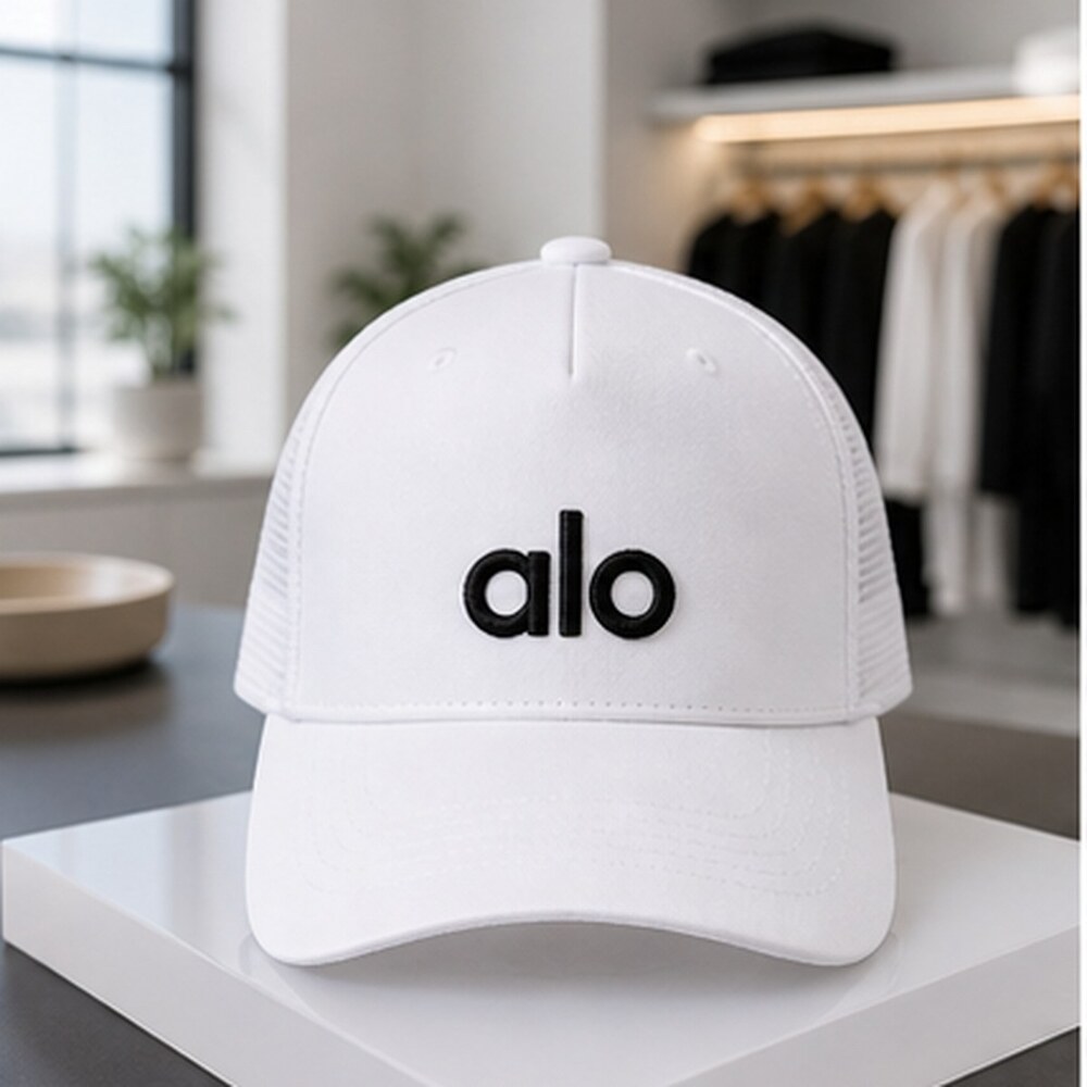 ALO Yoga White Black Pilates Mesh Trucker Cap Hat Logo